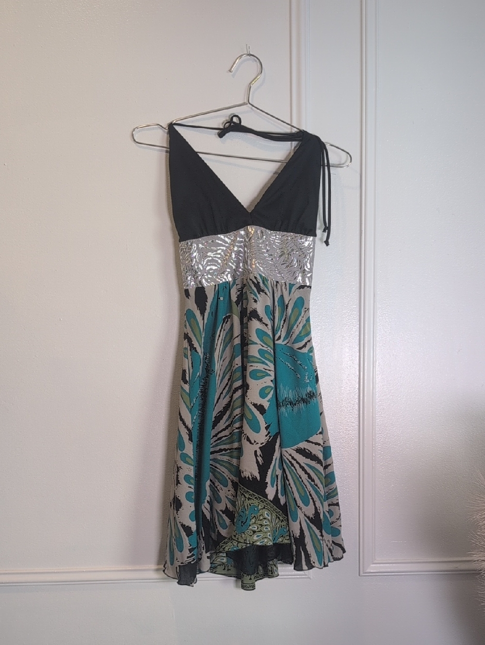 Tricia Fix Black Bodice Teal & Silver Print Mini Dress